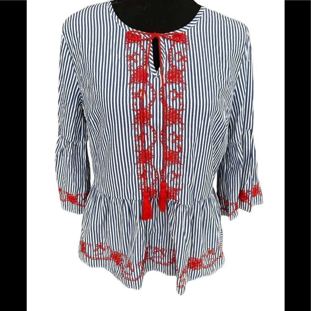 PRIMARK peplum blue/white striped top with red embroidered accents, size 6